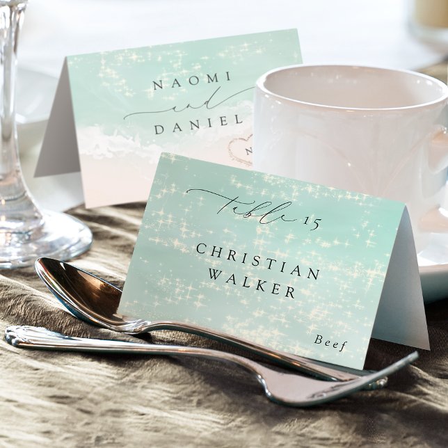 Modern Skript Hearts Strand Faltbar Platskort Bordsnummer (Modern Script Hearts Beach Foldable Place Card)