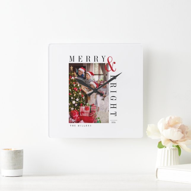 Modern skript-Helgdag för familjejulfotkort Fyrkantig Klocka (Hem)