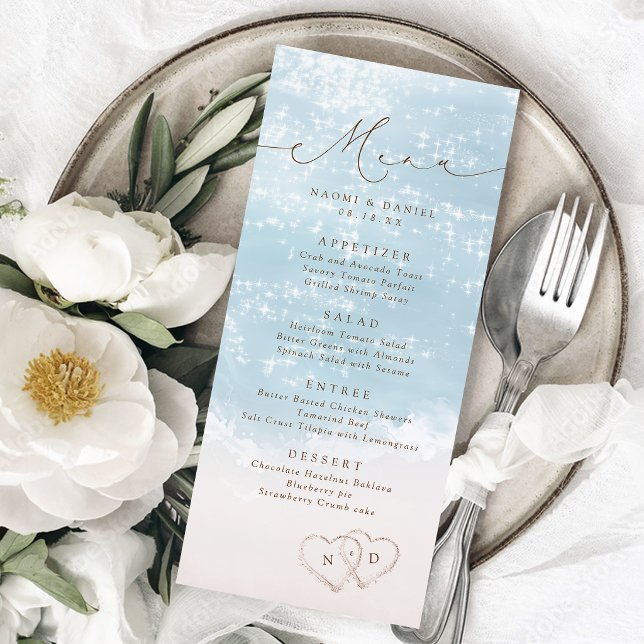Modern Skript Hjärtan I Sanden Strand Bröllop  Meny (Modern Script Hearts In The Sand Beach Wedding Menu)