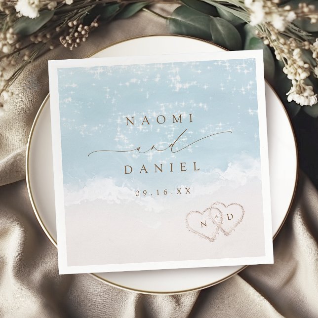 Modern Skript Hjärtan I Sanden Strand Bröllop  Pappersservett (Modern Script Hearts In The Sand Beach Wedding Napkins)