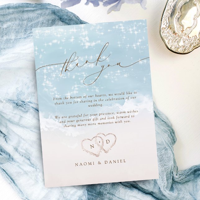 Modern Skript Hjärtan I Sanden Strand Bröllop  Tack Kort (Modern Script Hearts In The Sand Beach Wedding Thank You Card)