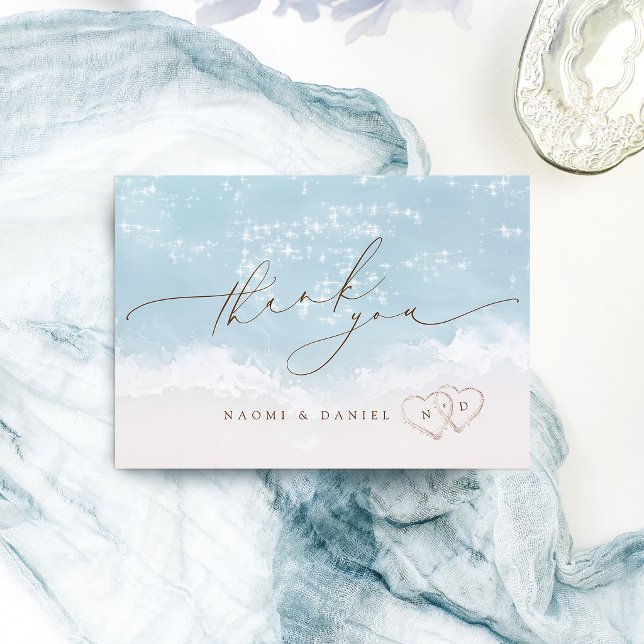 Modern Skript Hjärtan I Sanden Strand Bröllop  Tack Kort (Modern Script Hearts In The Sand Beach Wedding Thank You Card)