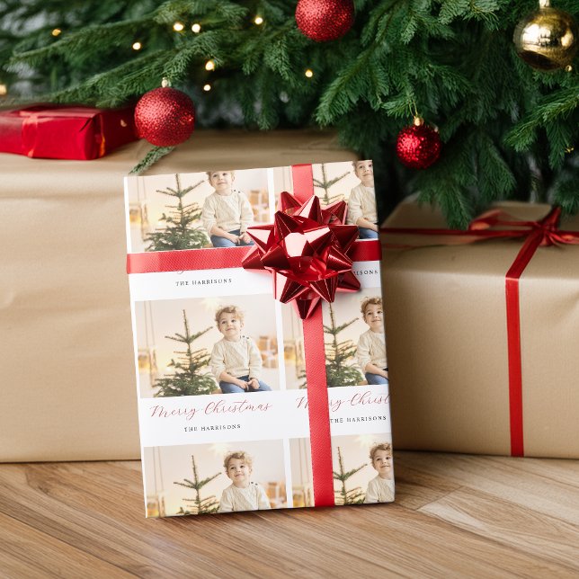 Modern skript Julglad Foto Presentpapper (Modern Script Merry Christmas Photo Wrapping Paper)