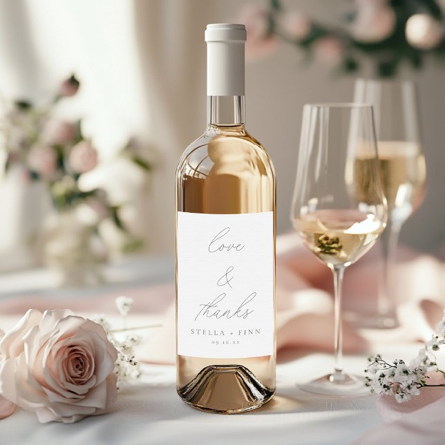Modern Skript Kärlek & Tacksamhet Bröllopsgåva Vinflaska Etikett (Modern Script Love & Thanks Wedding Favor Wine Label)