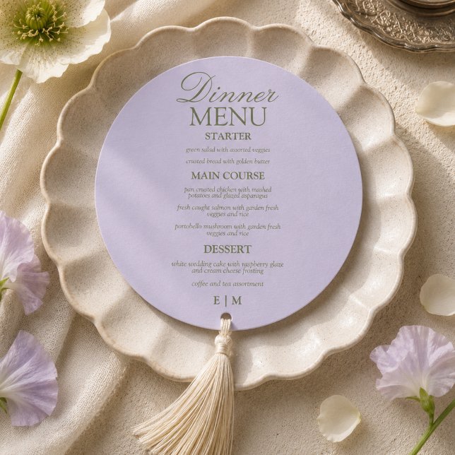 Modern Skript Lavendel Formell Bröllop Meny (Modern Script Lavender Formal Wedding Menu)