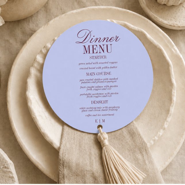 Modern Skript Lila och Plommon Formell Bröllop Meny (Modern Script Periwinkle and Plum Formal Wedding Menu)