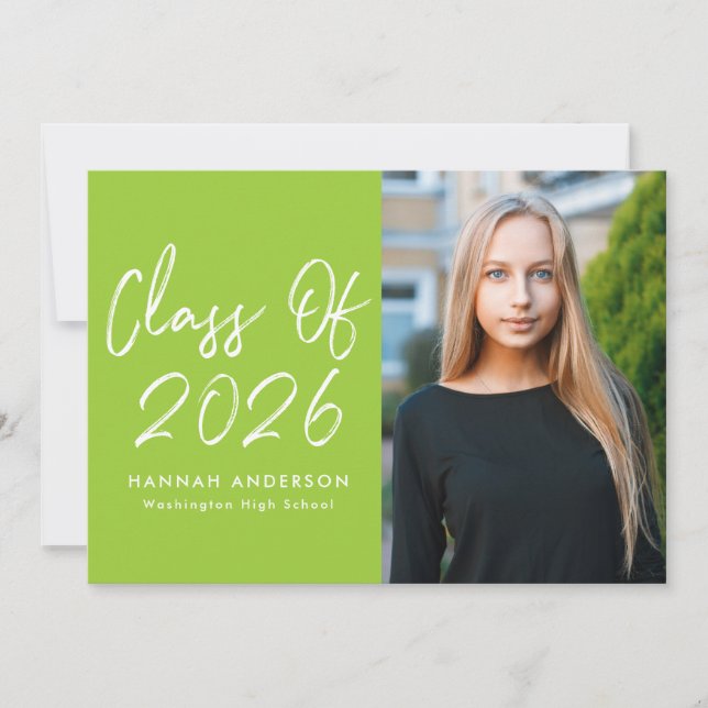 Modern skript limegrön fotofest för examen inbjudningar (Framsida)