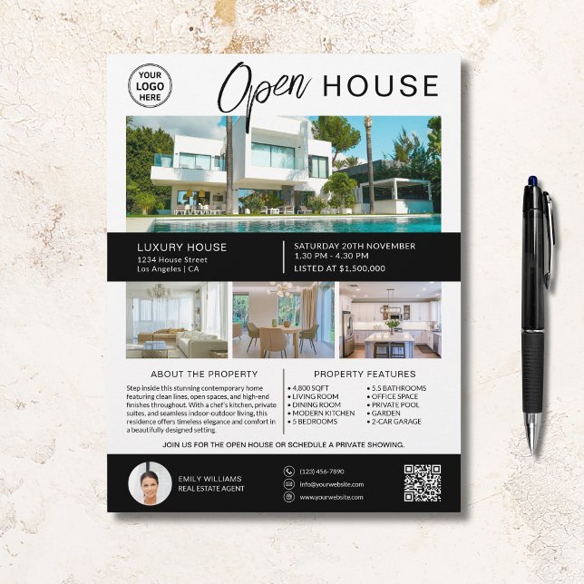 Modern skript-Logotyp i Gods Open House Reklamblad (Real Estate Open House Modern Script Logo Flyer)