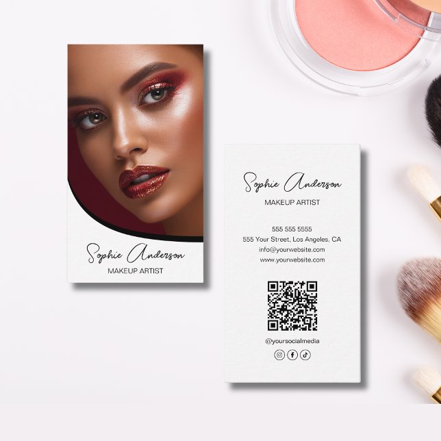 Modern skript Makeup Artist Anpassningsbar Photo Q Visitkort (Modern Script Makeup Artist Custom Photo QR Business Card)