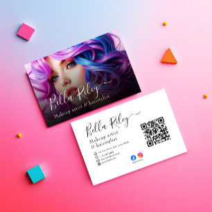 Modern skript Makeup-artist och hårstylist QR-kod Visitkort