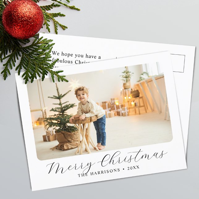 Modern skript Merry Christmas Foto Helg Vykort (Modern Script Merry Christmas Photo Holiday Postcard)
