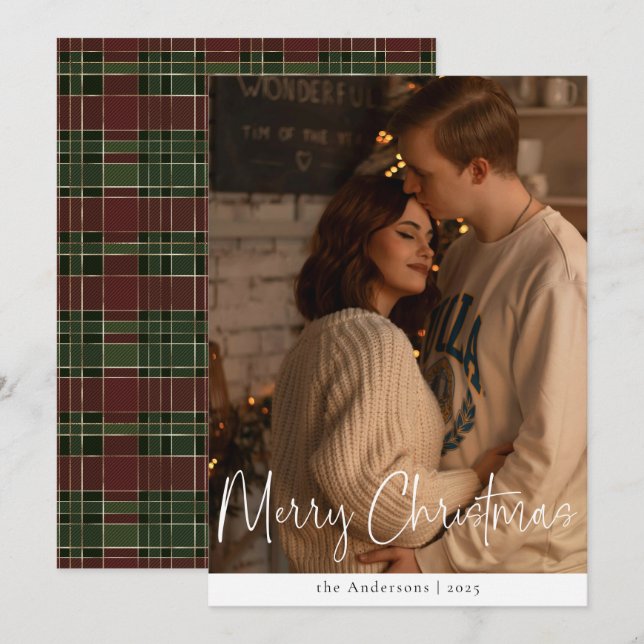 Modern skript - minimalistisk Photo Red-Grönt - ju Julkort (Fram/baksida)