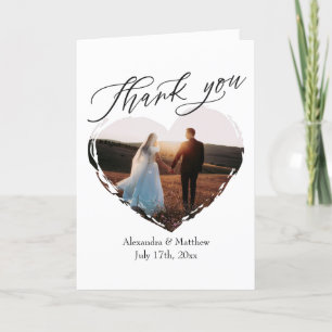 Modern skript - minimalistiskt hjärtfoto Bröllop Tack Kort