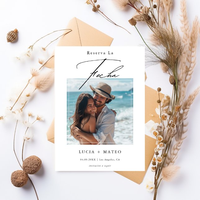 Modern skript - minimalistiskt spanskt Bröllop-fot Spara Datumet (Skapare uppladdad)