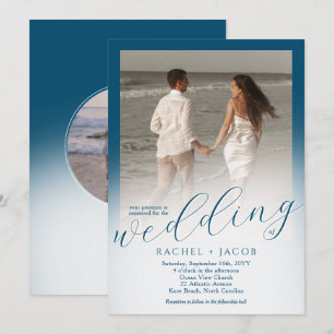 Modern skript Ocean Blue Ombre Photo Bröllop Inbjudningar