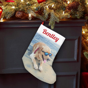 Modern skript Pet Namn och Photo Cute Festive Red Liten Julstrumpa