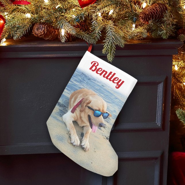 Modern skript Pet Namn och Photo Cute Festive Red Liten Julstrumpa (Skapare uppladdad)