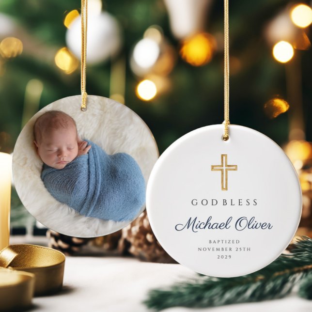 Modern skript religiös pojke dop foto julgransprydnad keramik (Modern Script Religious Boy Baptism Photo Ceramic Ornament)