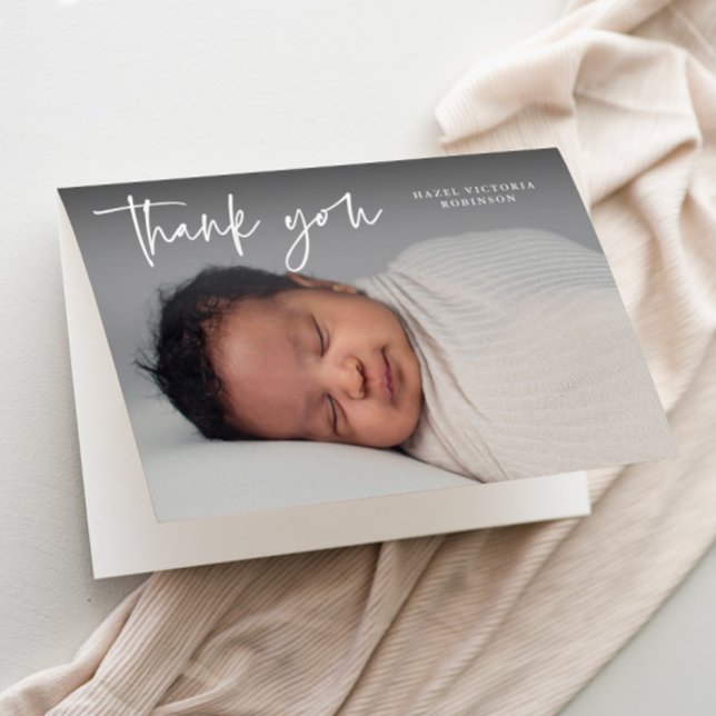 Modern skript religiöst foto dop  tack kort (Modern script typography overlay photo baptism thank you card.)