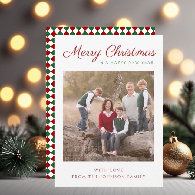 Modern Skript Röd Grön Rutor Jul Foto Julkort (Modern Script Red Green Checks Christmas Photo Holiday Card)