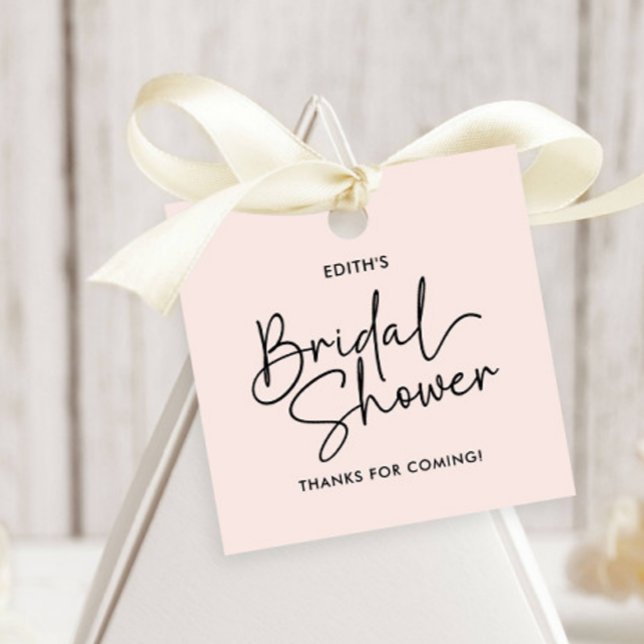 Modern skript rodnad Handskriven Bröllopsdusch Gåvor Etiketter (SQUARE TAG BRIDAL SHOWER TIPOGRAPHY SIGNATURE LIKE FONT ELEGANT MODERN BLUSH PINK)