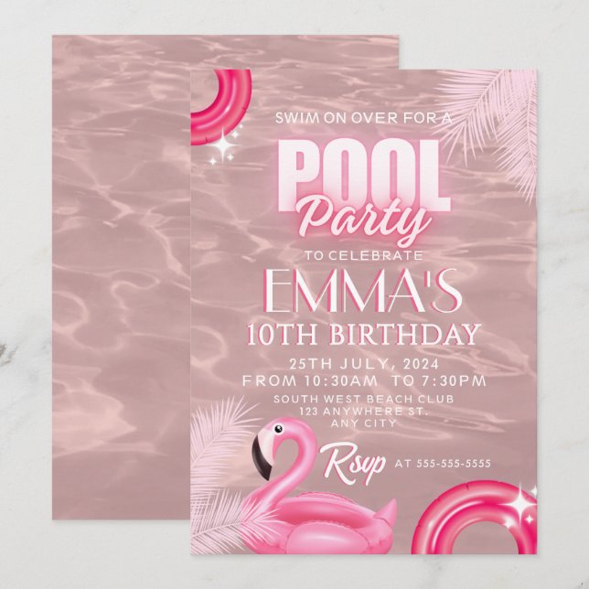 Modern skript Rosenskär Pool Födelsedagsfest Inbjudningar (Fram/baksida)