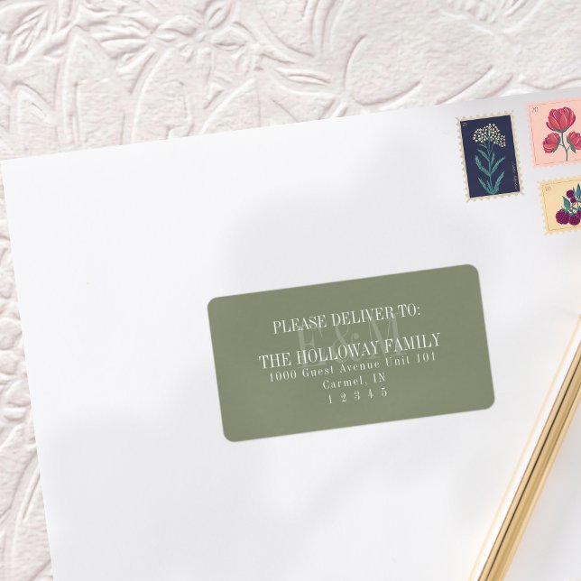Modern Skript Salgrön Monogram Bröllop Adressetikett (Modern Script Sage Green Monogram Wedding Label)