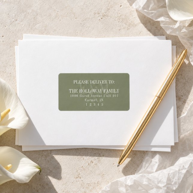 Modern Skript Salgrön Monogram Bröllop Adressetikett (Modern Script Sage Green Monogram Wedding Label
)