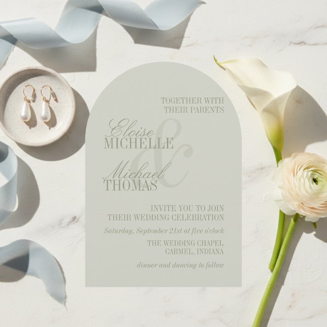 Modern Skript Salvia Grön Formell Båge Bröllop  Inbjudningar (Modern Script Sage Green Formal Arch Wedding Invitation)