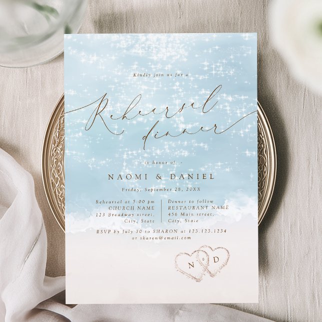 Modern skript Sand Hearts Strand Rehearsalsmiddag Inbjudningar (Modern Script Sand Hearts Beach Rehearsal Dinner Invitation)
