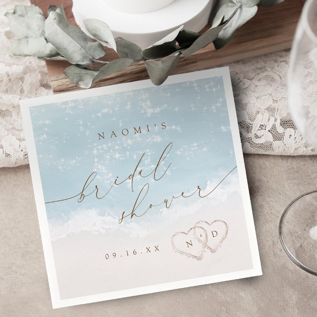 Modern Skript Sand Hjärtan Beach Bröllopsdusch Pappersservett (Modern Script Sand Hearts Beach Bridal Shower Napkins)