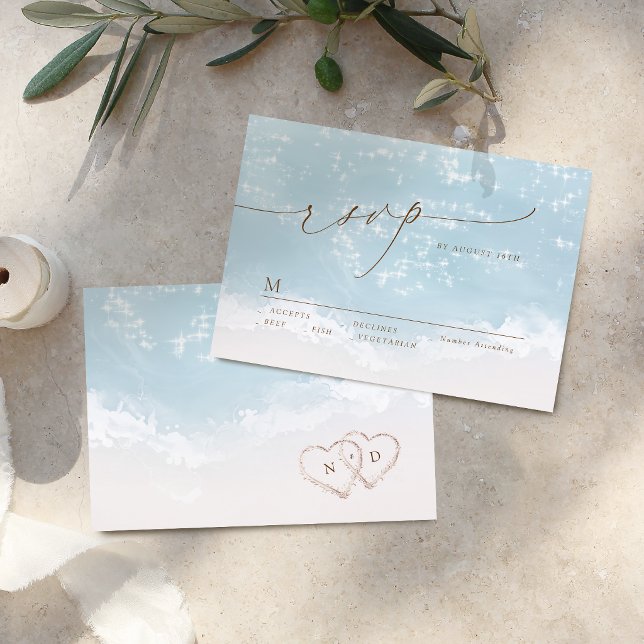 Modern Skript Sand Hjärtan Strand Bröllop RSVP OSA Kort (Modern Script Sand Hearts Beach Wedding RSVP Card)