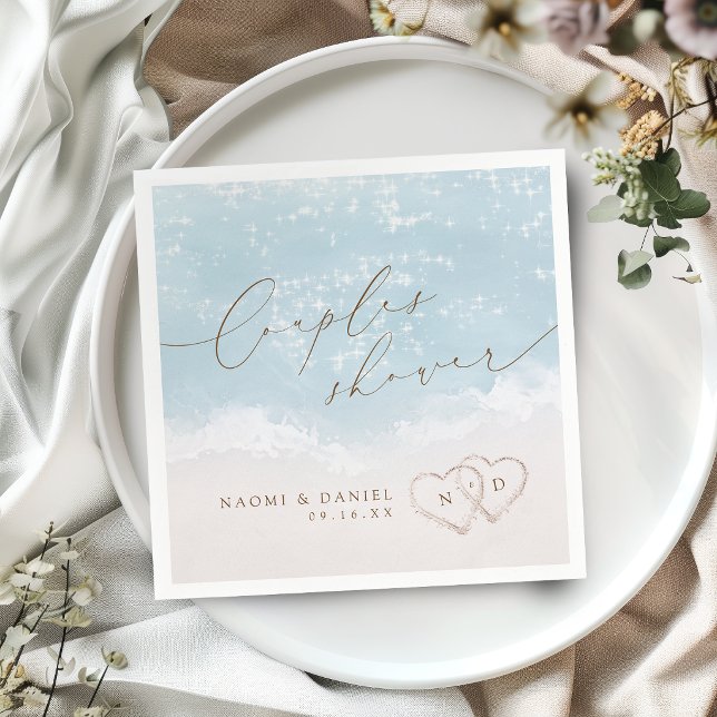 Modern skript Sand Hjärtan Strand Par Bröllopsdusc Pappersservett (Modern Script Sand Hearts Beach Couples Shower Napkins)