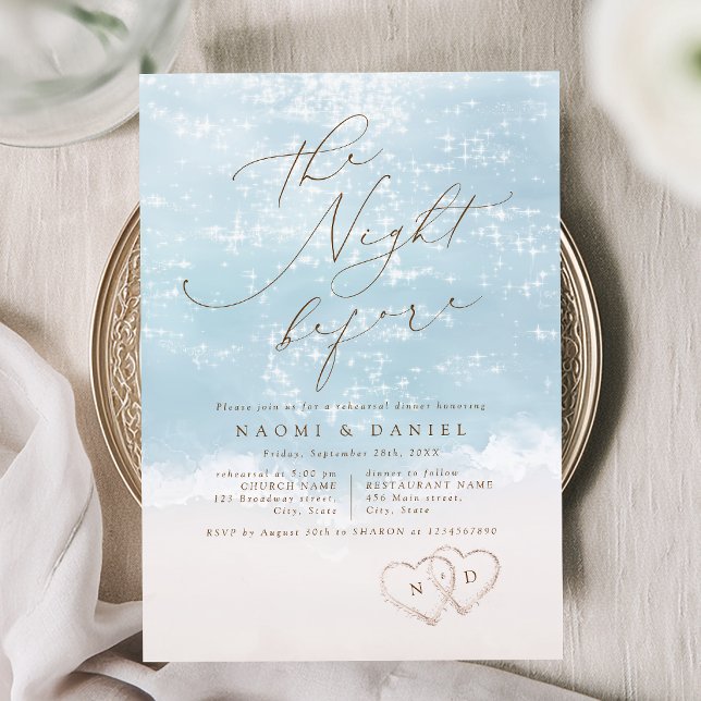 Modern skript Sandhjärtan Strand Rehearsal Middag Inbjudningar (Modern Script Sand Hearts Beach Rehearsal Dinner Invitation)
