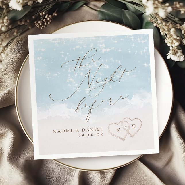 Modern skript Sandhjärtan Strand Rehearsal Middag Pappersservett (Modern Script Sand Hearts Beach Rehearsal Dinner Napkins)