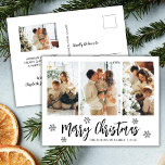 Modern skript Snöflake 3 Photo Collage jul Vykort<br><div class="desc">Elegant, Modern Black and White Snowflake 3 Photo Collage God jul Script Helgdag Postcard. Den här festliga, imimalistiska, tre fotokortsmallen innehåller en söt fotokollage, en snowflake och säger God jul! Texten "God jul" hälsning är skriven i ett vackert, vismligt, stavat typsnitt i svart på vit bakgrund. Bakåt en fotomall med...</div>