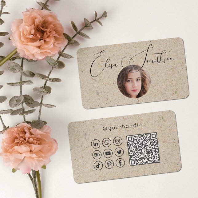 Modern skript Social Media QR-kod Lägg till foto Visitkort (Skapare uppladdad)