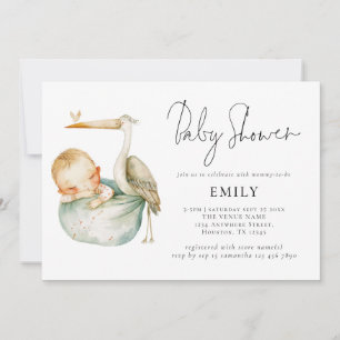 Modern skript Stork and Baby Shower Inbjudningar