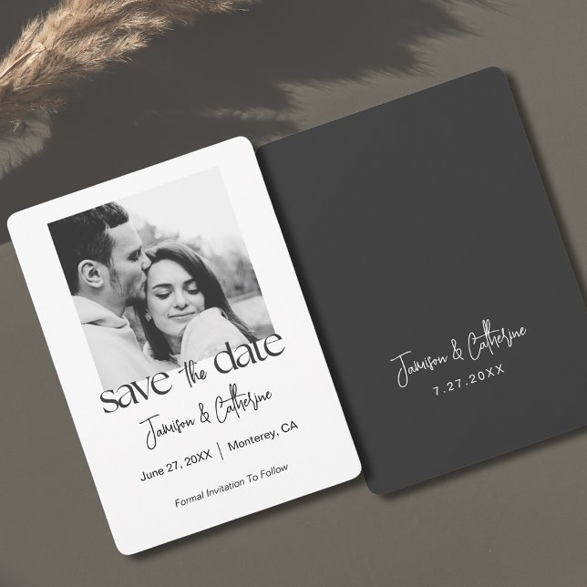 Modern Skript Svart Vitt Foto Spara Datumet (Modern Script Typography Black and White Photo Save The Date
)