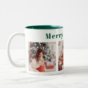 Modern skript, tre foto-Grönt - merry & Bright Två-Tonad Mugg