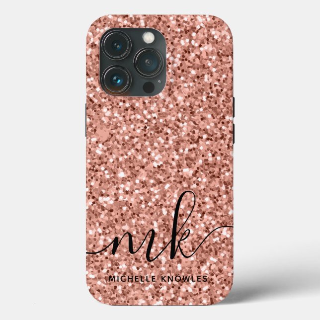Modern Skript Trendig Roséguld Glitter Monogram (Baksida )