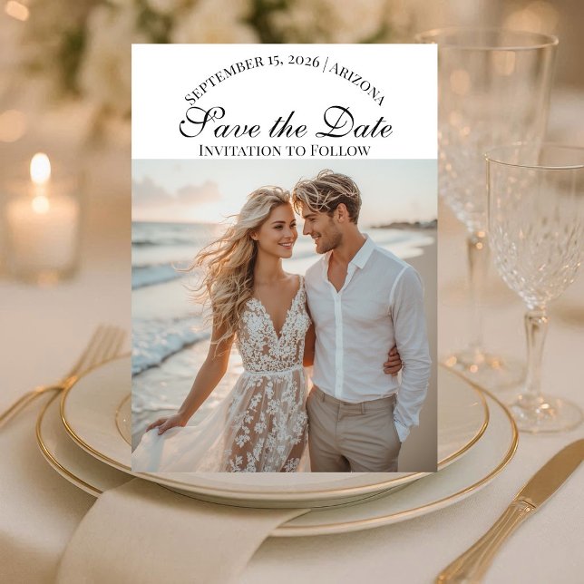 Modern Skript Två Strandfoton Bröllop på Destinati Spara Datumet (Modern Script Two Beach Photos Destination Wedding Save The Date)