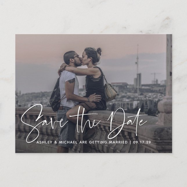 Modern skript, vit överlägg, Bröllop Meddelande Vykort (Framsida)