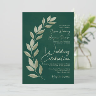 Modern skript Watercolor Emerald Greenery Bröllop Inbjudningar