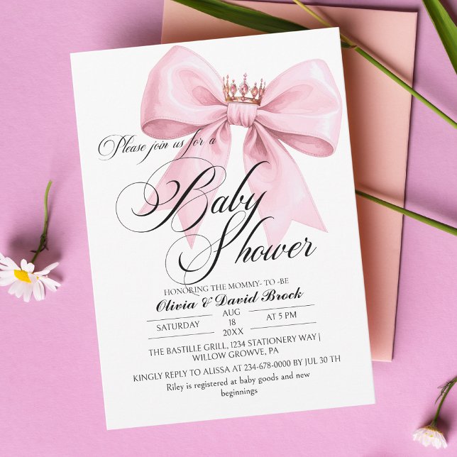 Modern skriptbåge rosa baby shower inbjudningar (Skapare uppladdad)