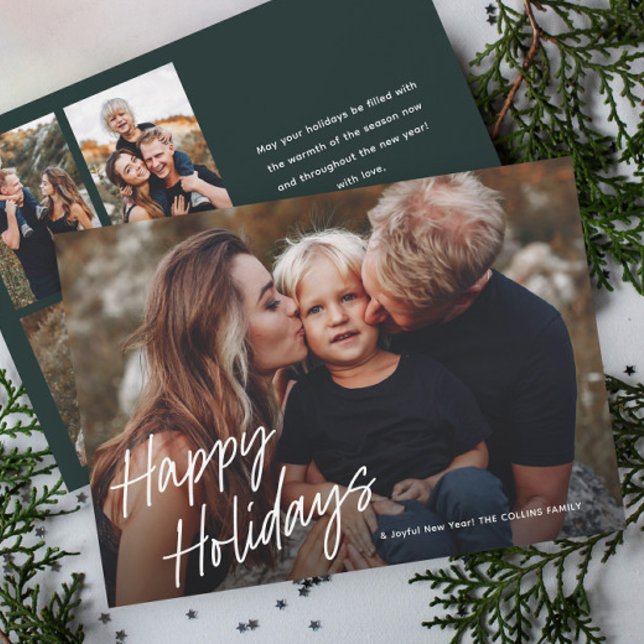 Modern skriptbokstavsstil 4 Foto Julkort (Simple handwritten 4 photo holiday cards.)