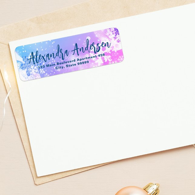 Modern skriptetikett för blå Rosa Winter Snöflingo Returadress Etikett (Skapare uppladdad)