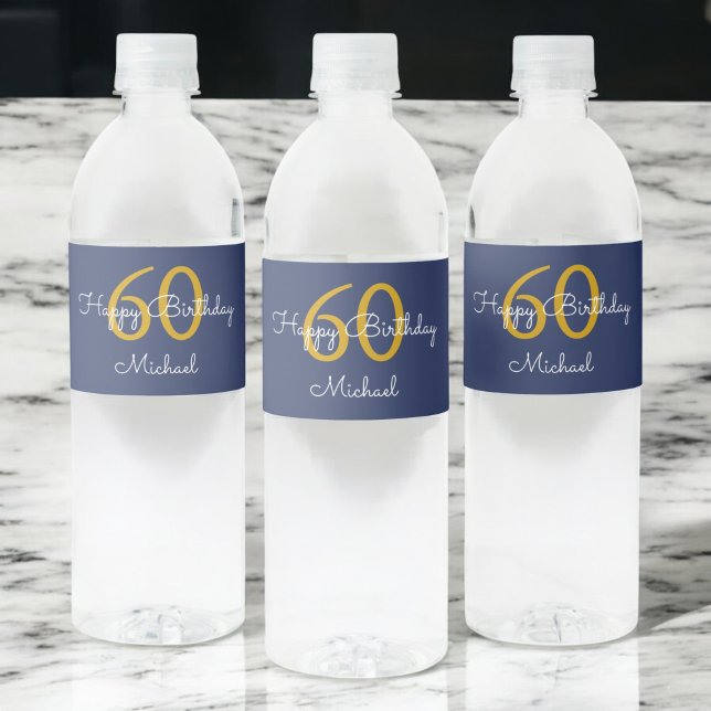 Modern skriptfödelsedag för marinblå Guld Vattenflaskor Etikett (Skapare uppladdad)