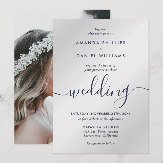 Modern skriptfoto Bröllop i marinen och Silver Inbjudningar (Fram/baksida)