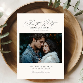 Modern skriptfoto Bröllop spara datum Inbjudan